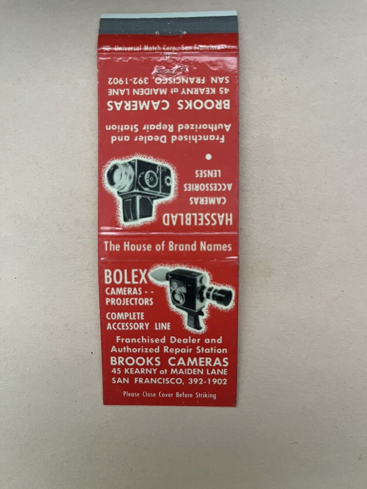 1960’s Hasselblad,Bolex Brooks Cameras San Francisco Ca. Matchcover NRMT.