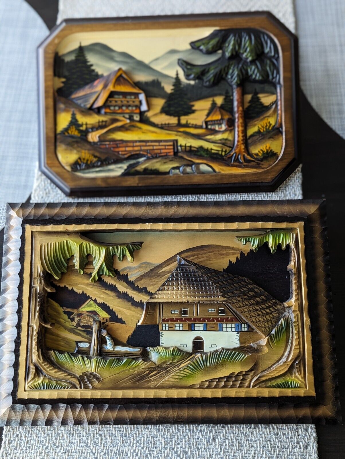 Vintage German Black Forest 3D Carved Wood Painting Schwarzwalder Handarbeit Art