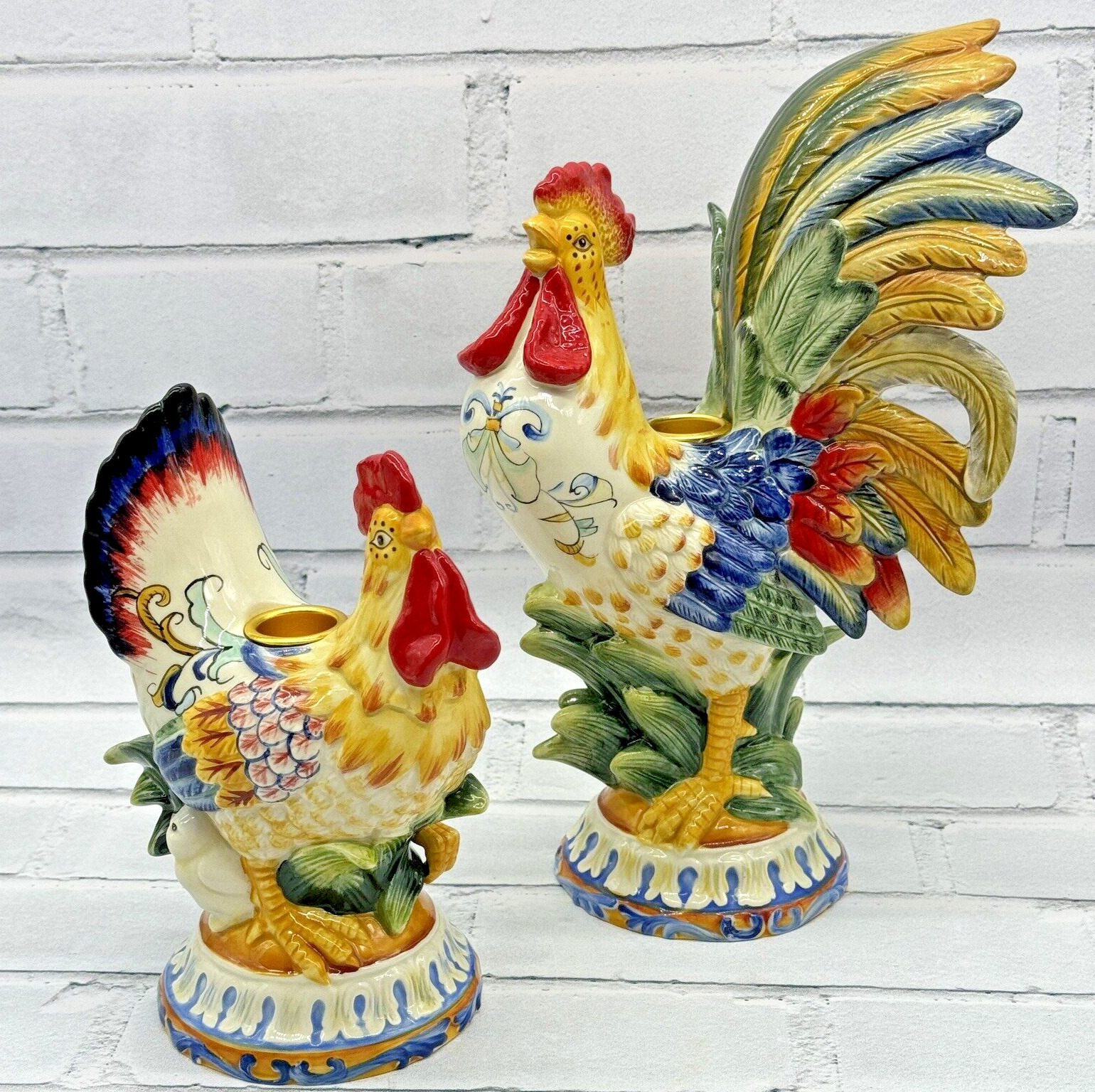 Pair Rooster Chicken Hen Ceramic Candleholders Fitz and Floyd Ricamo Handpainted