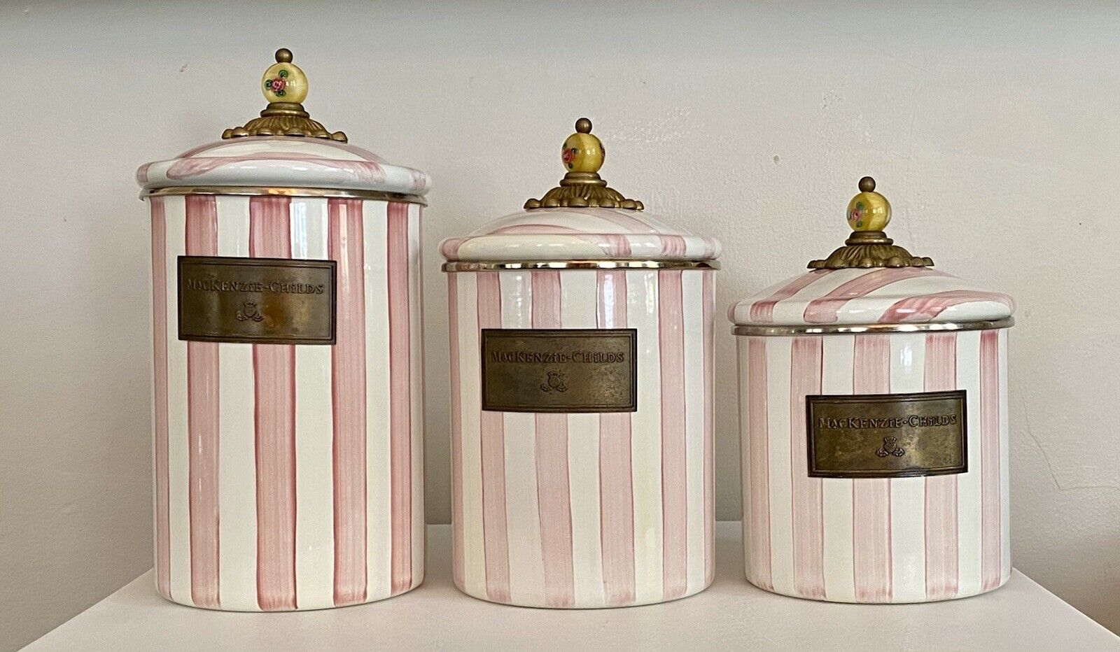 RARE Mackenzie Childs - Bathing Hut 3 piece Canister set, pink and white stripe 