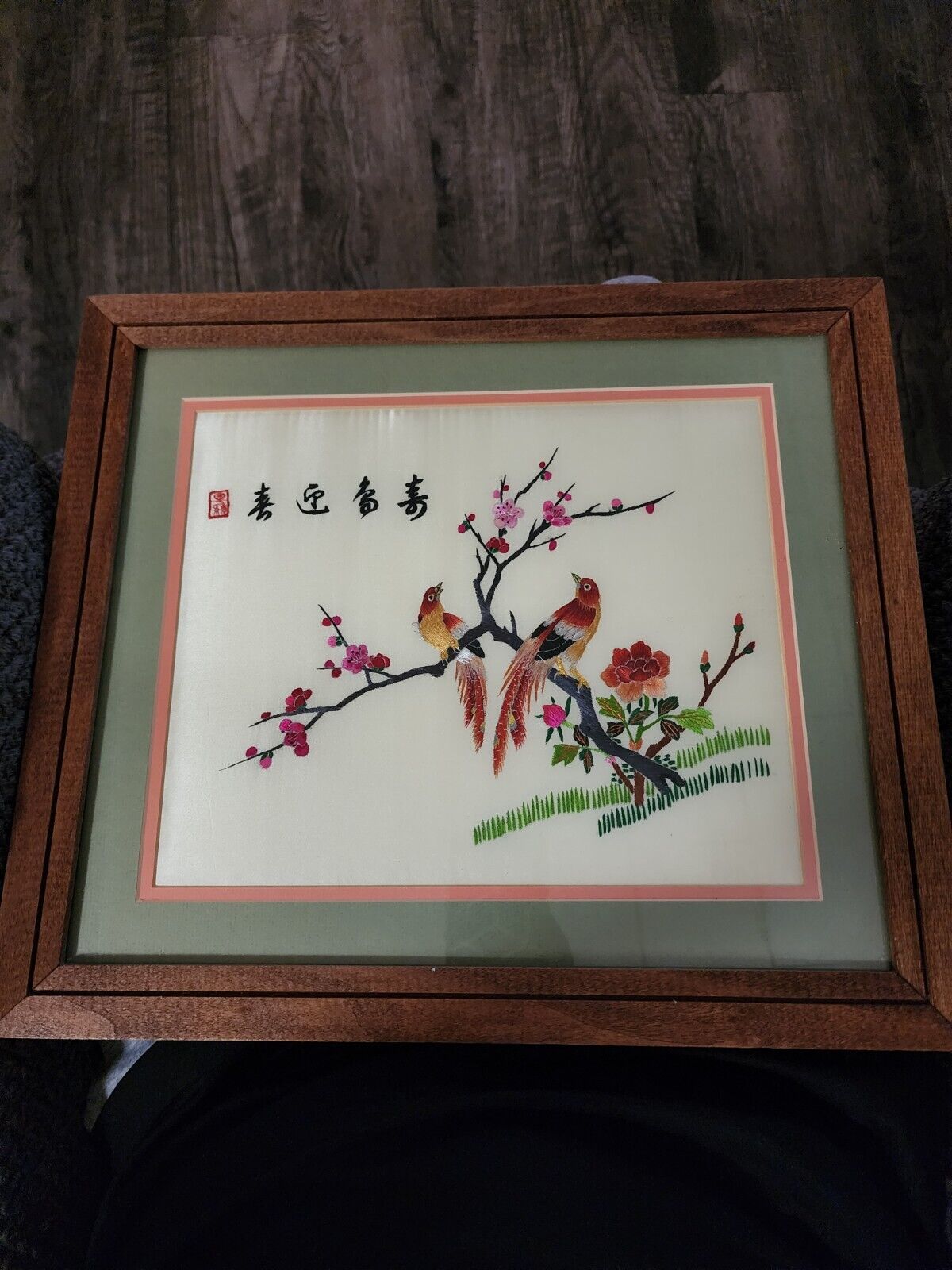vintage asian silk embroidery framed art
