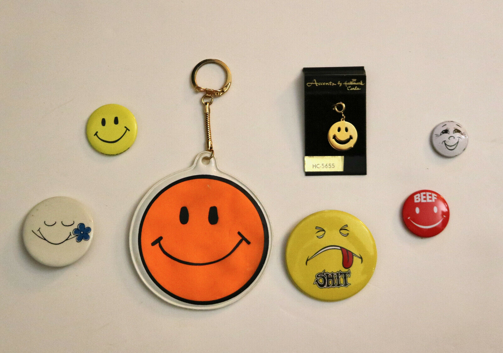 Smiling Face vintage lot set key chain charm pins risque etc mod pop art