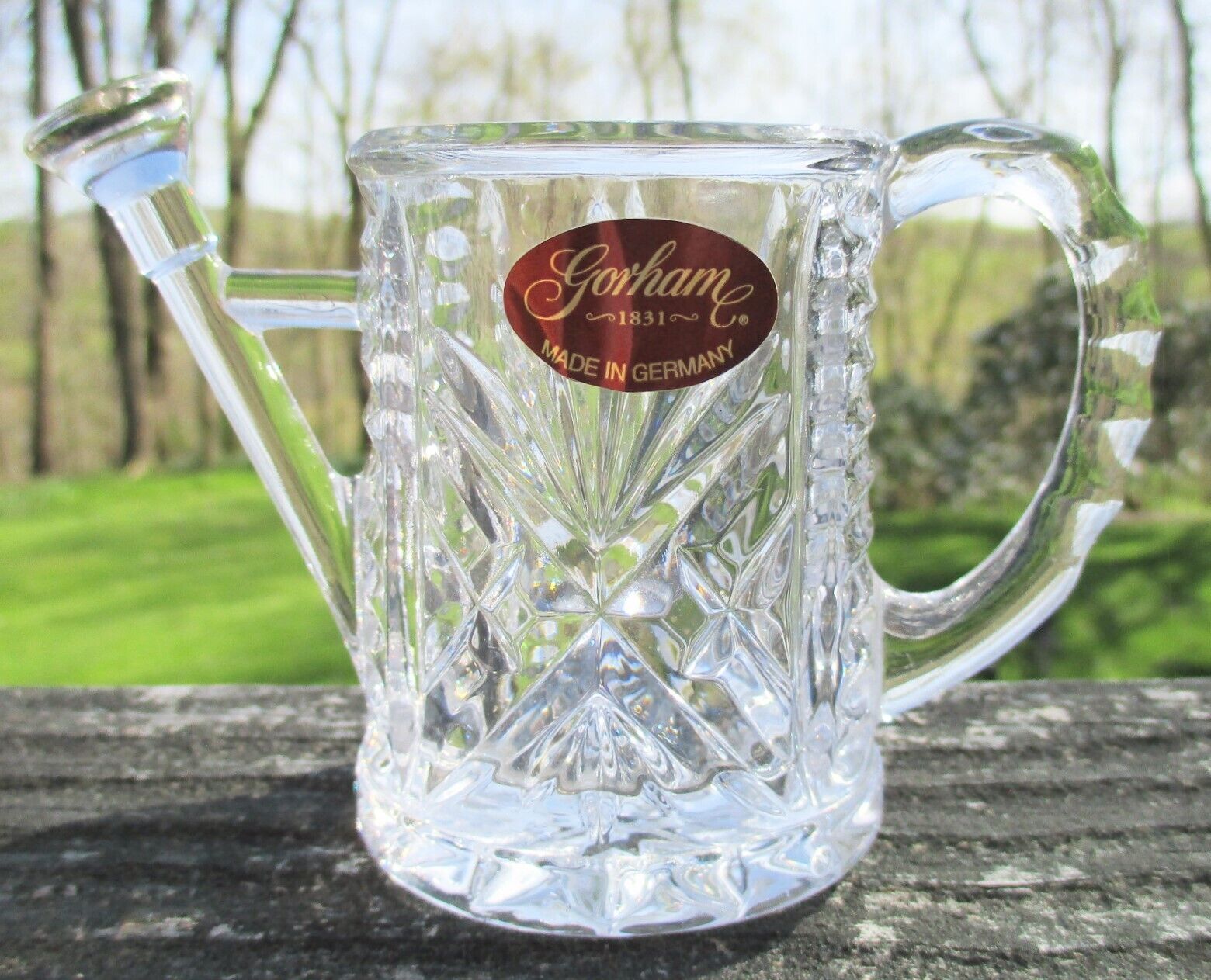 Gorham Crystal Watering Can Toothpick Holder or Small Flower Vase with label