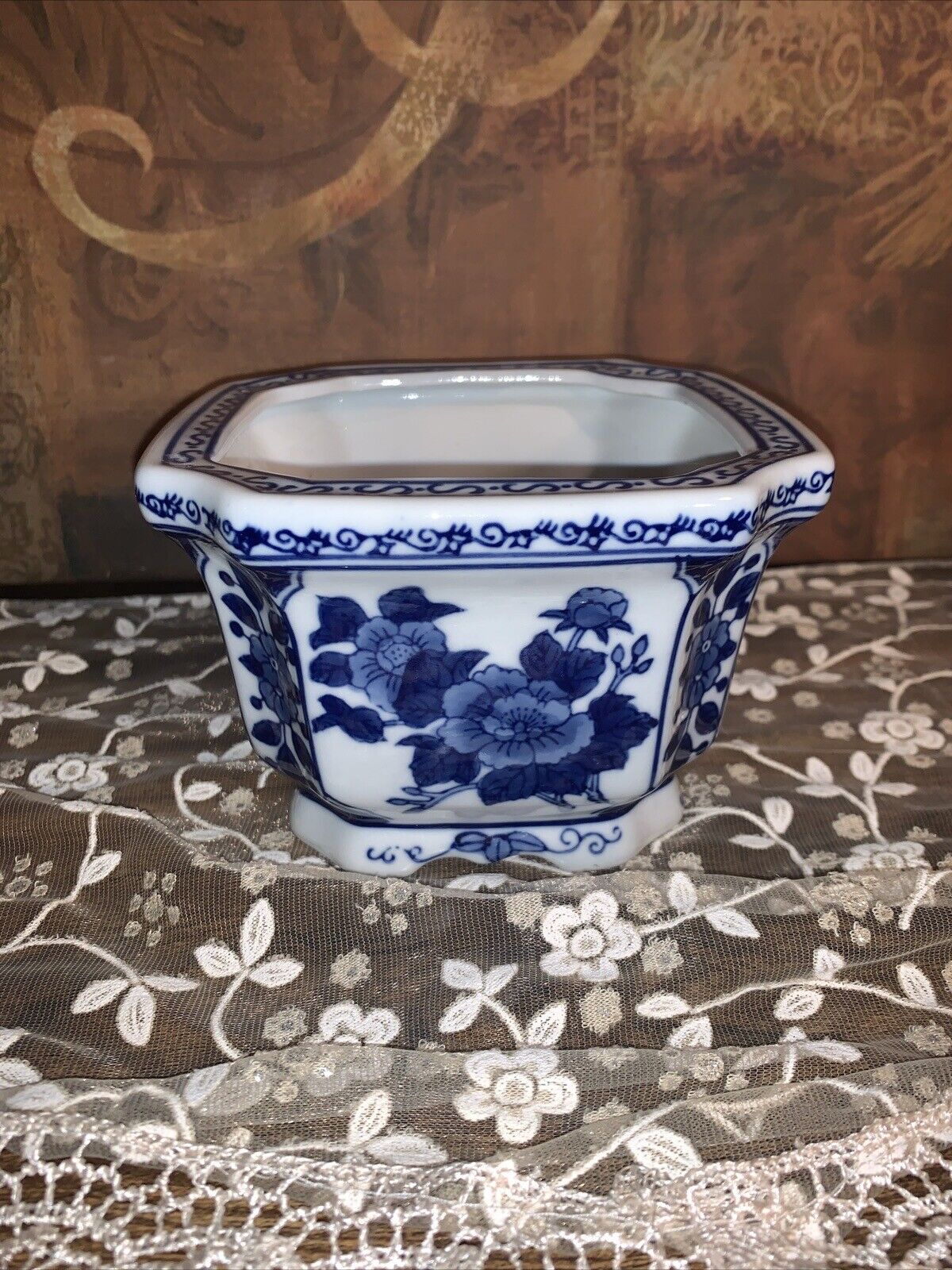 Antique Octagonal Chinoiserie Planter Delft Blue White Floral Scroll Patterns