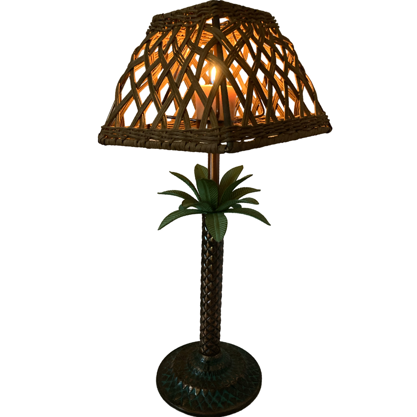 Tropical Brass Palm Tree Tealight votive Lamp/Shade Rattan & Bamboo 2-lot