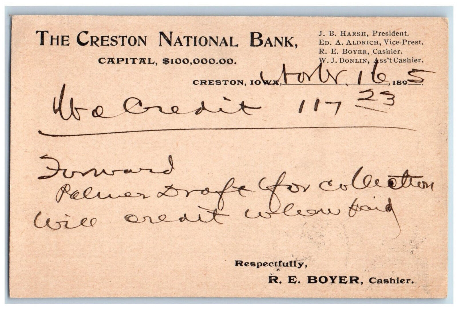 Creston Iowa IA Cromwell IA Postal Card RE Boyer Creston National Bank 1895