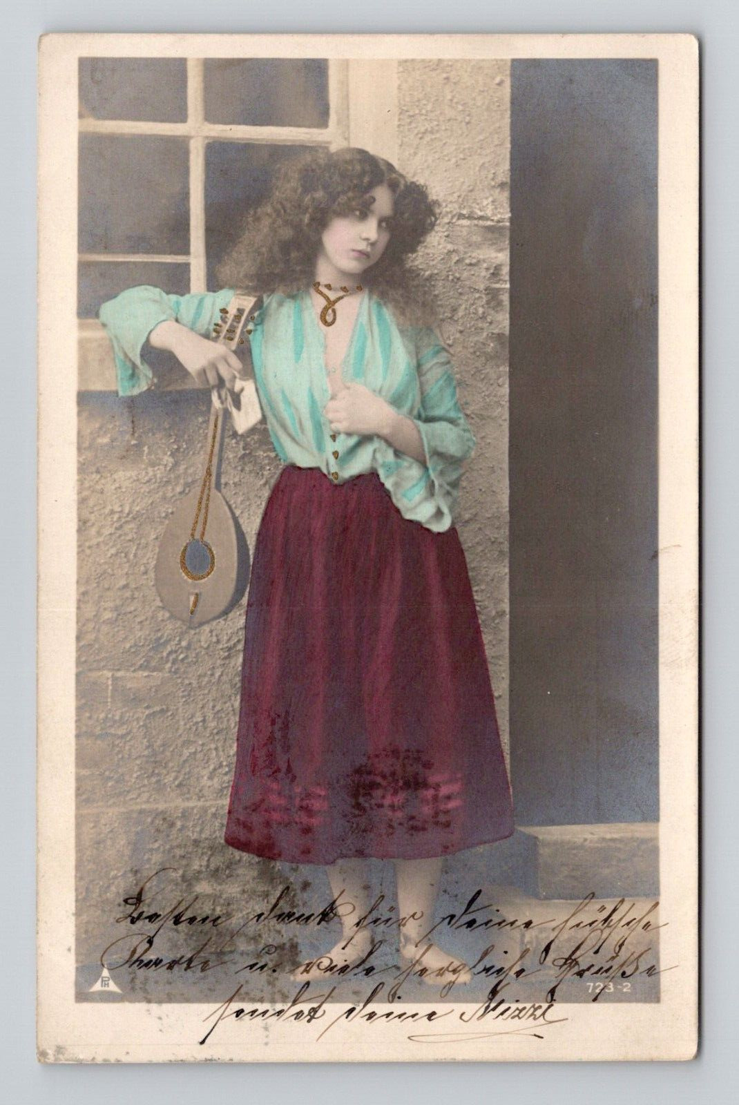 RPPC Beautiful Young Woman w/ Lute Guitar Colorized, Antique Real Photo M4