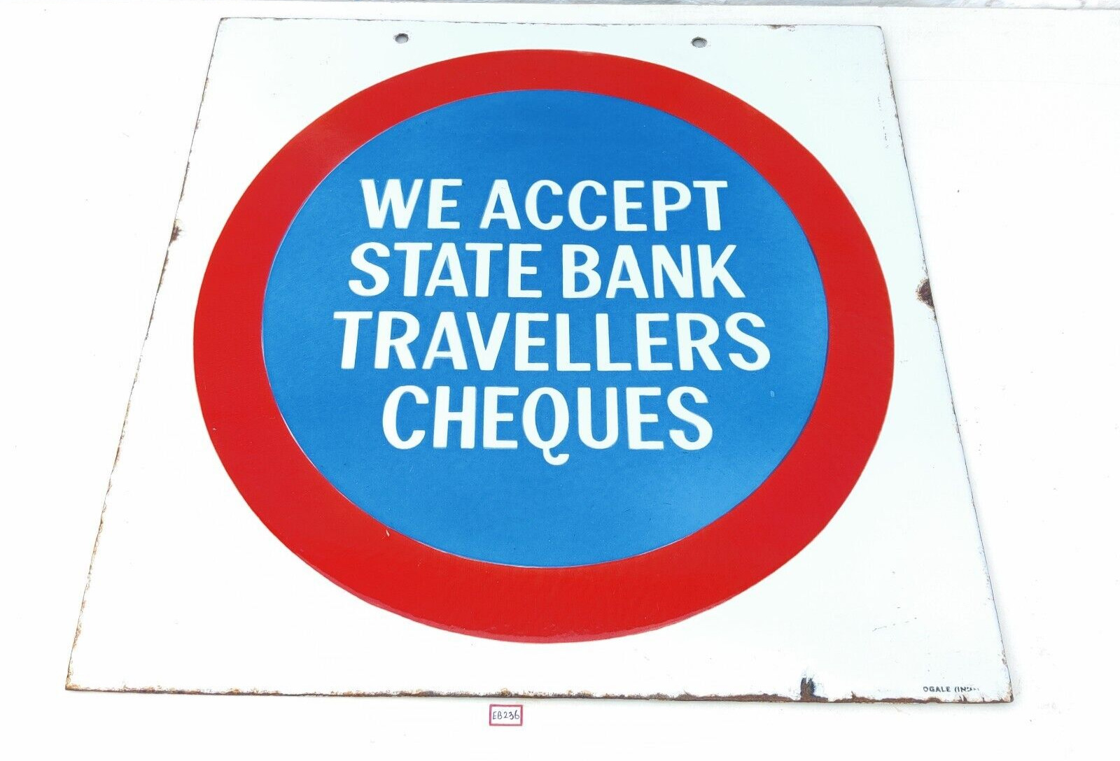 Vintage We Accept State Bank Travellers Cheques Double Sided Enamel Sign EB236