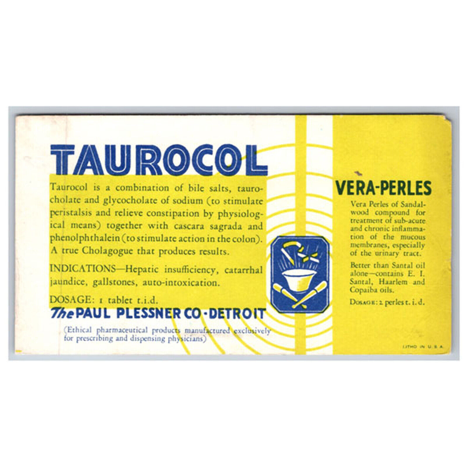 Taurocol for Constipation Paul Plessner Detroit MI Scarce Advertising Blotter