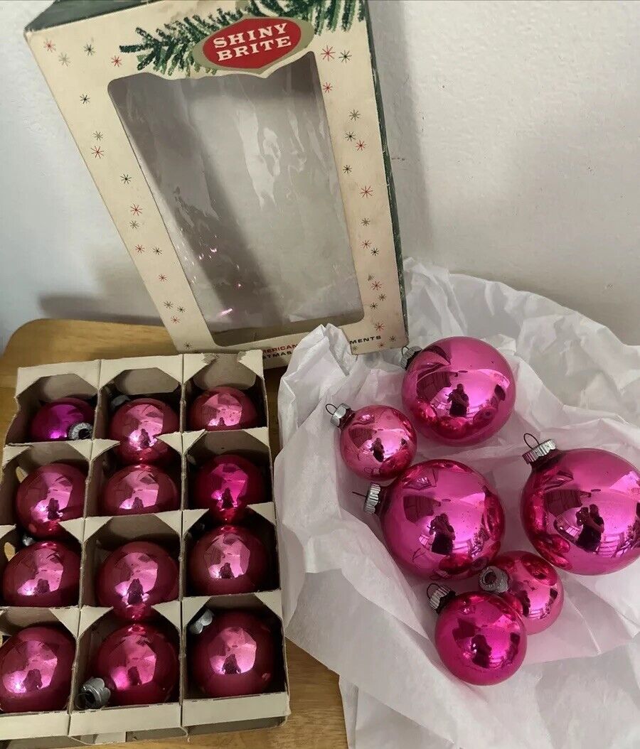 Vintage SHINY BRITE/ USA 18pc Christmas Ornaments 12 W/ Box MCM Pink/ Hot Pink