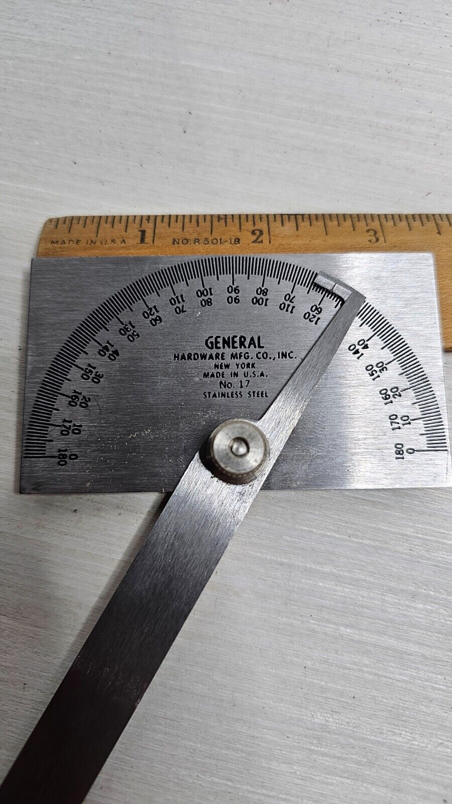 GENERAL HARDWARE MFG. CO. Vintage  No. 17 Stainless Steel Machinist Protractor