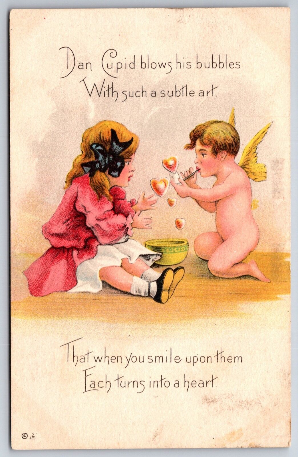 HBG Griggs Valentine~Girl Amazed~Dan Cupid Blows Heart Bubbles~~NASH~Ser38~1912