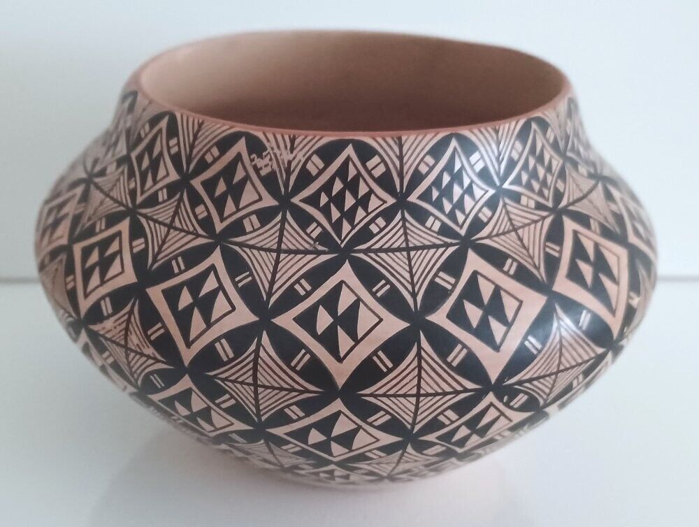 Vintage Native American Geometric Design Jemez Pueblo Pottery Vase, Signed