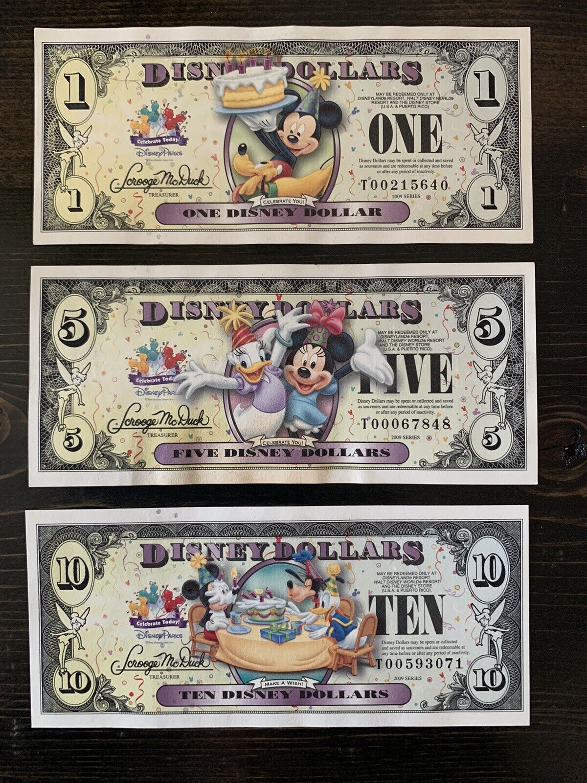 Disney Dollars Set $1 $5 $10 “Celebrate Today” T Series 2009