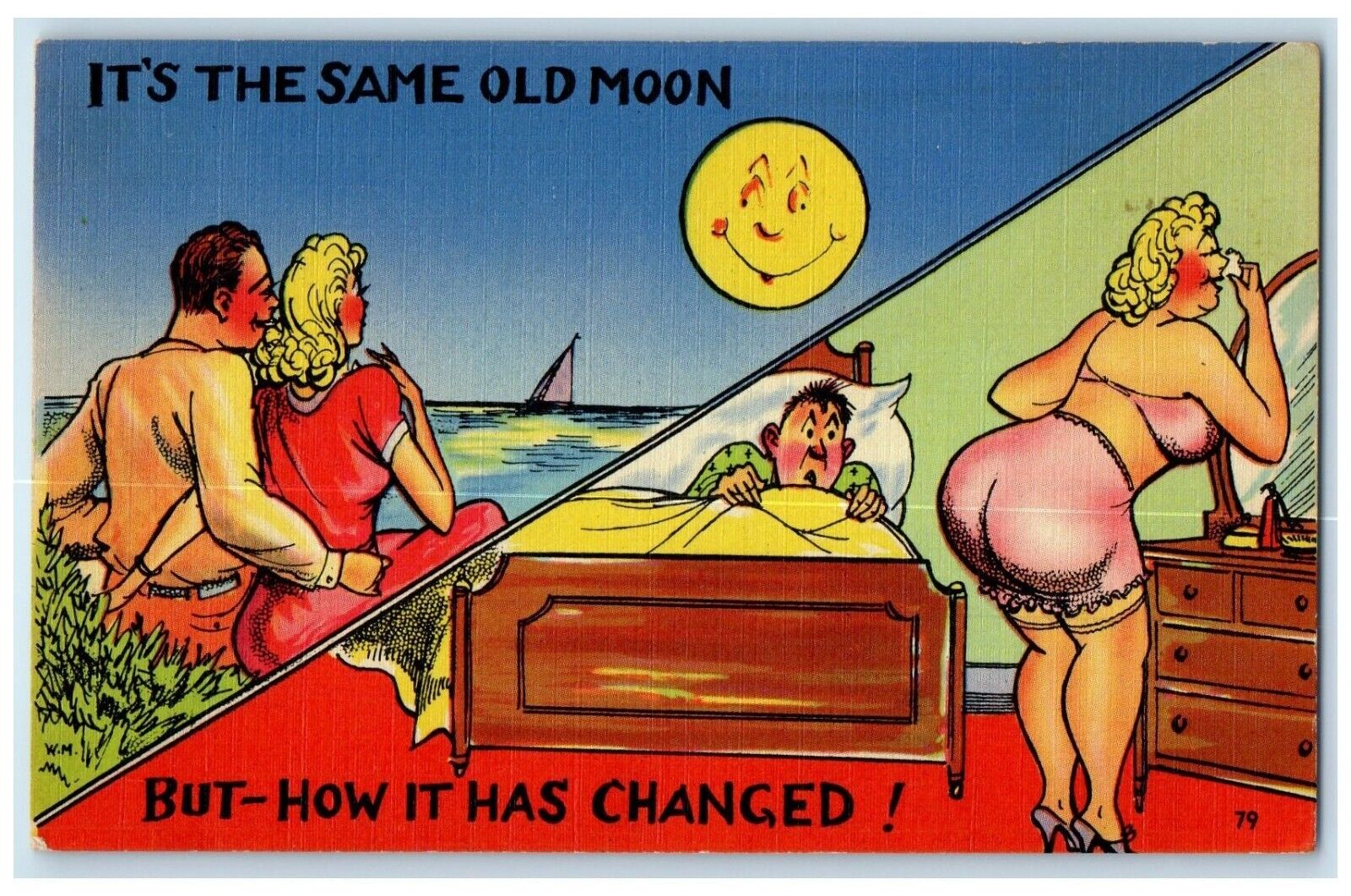 c1940\'s Anthropomorphic Moon Couple Romance How It Was Changed Vintage Postcard
