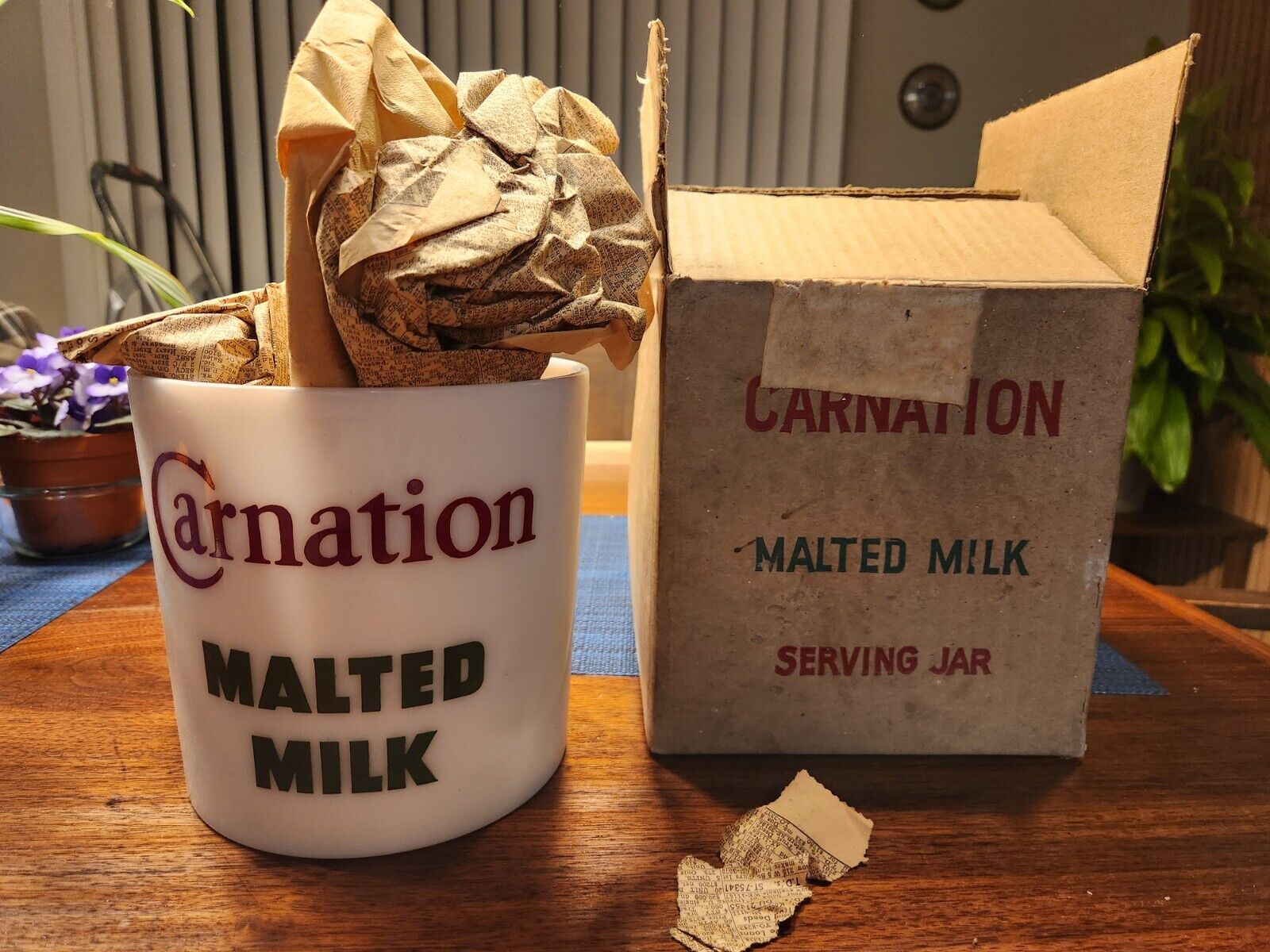 Vintage Carnation Malted Milk Advertising Milk Glass Jar Canister NEW IN BOX