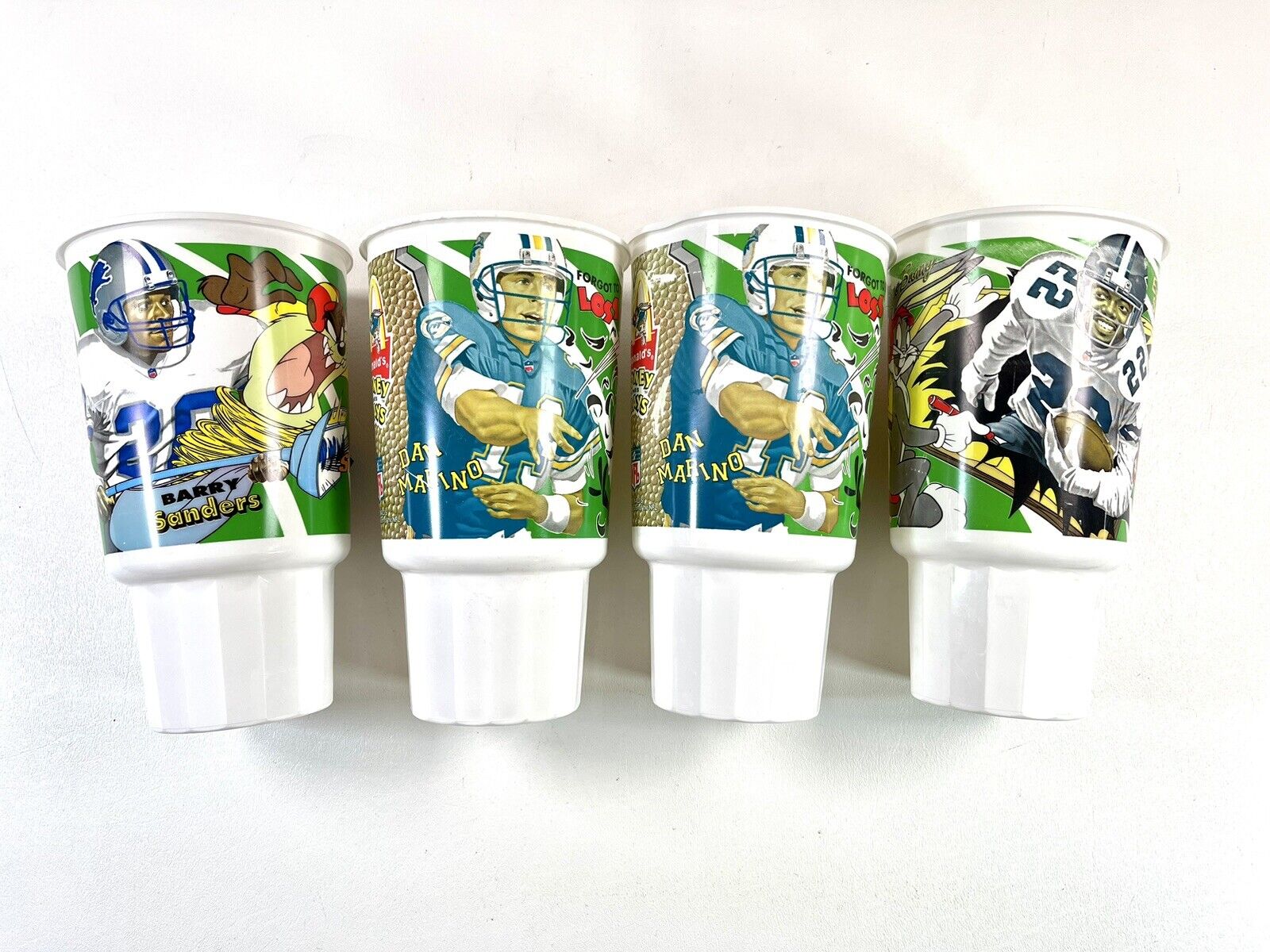 Vintage 90s McDonald\'s Looney Tunes NFL Dan Marino Emmitt Smith Drink Cup Lot x4