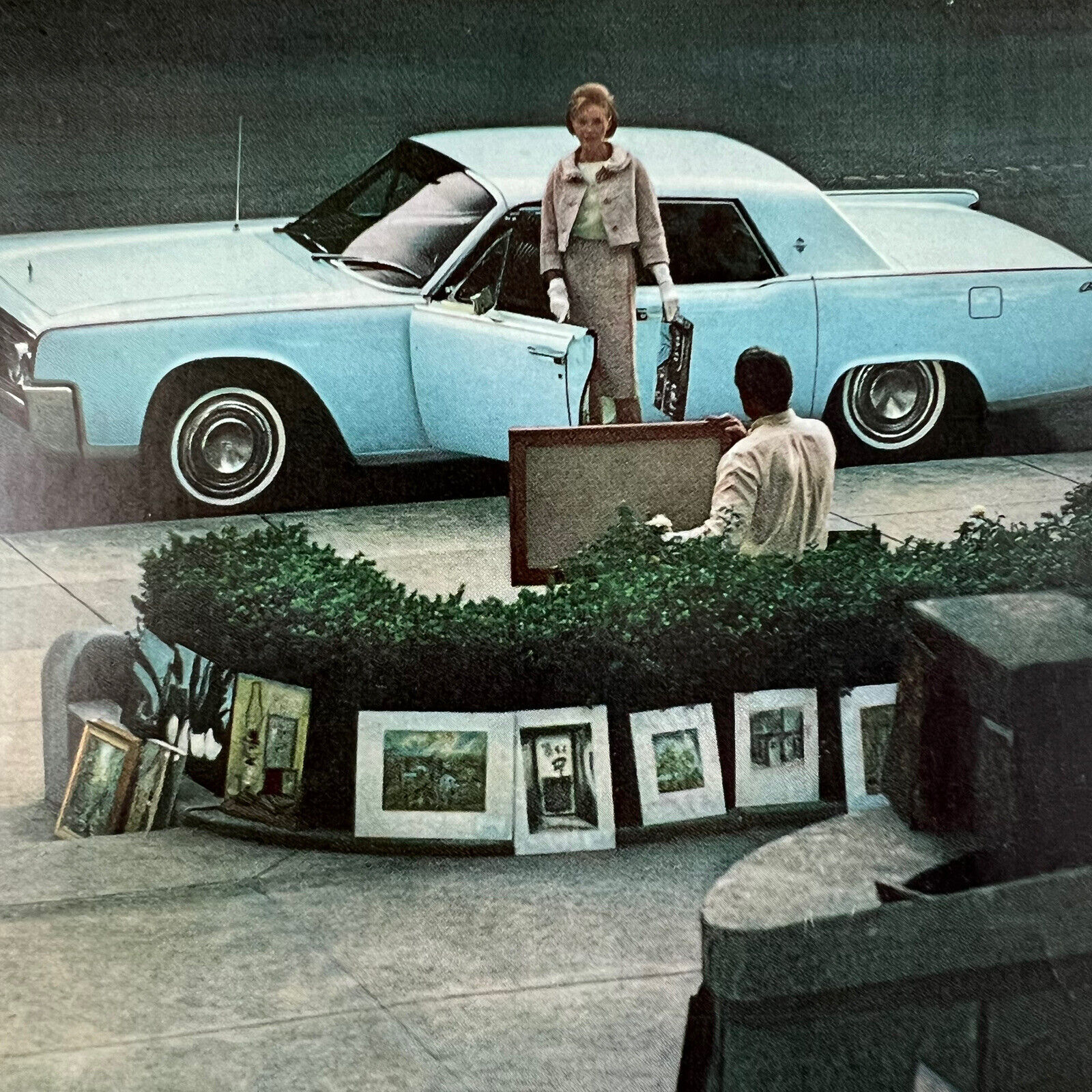Vintage Lincoln Continental Blue Woman Street Art Sale Color Advertisement Ad