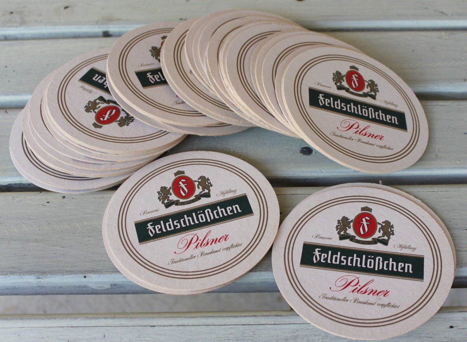 40 Vtg Beer Coasters Lot Feldschlobchen Pilsner Mat Bar Germany Rare Old Barware