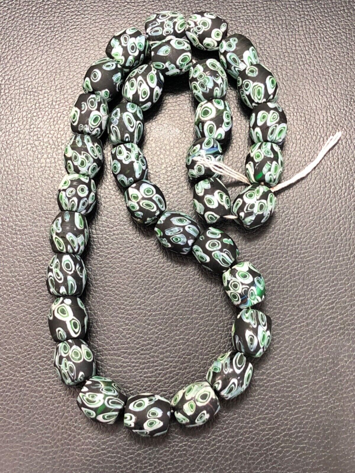 Impressive Vintage Venetian African Green Chevron Glass Beads 19mm Long Strand