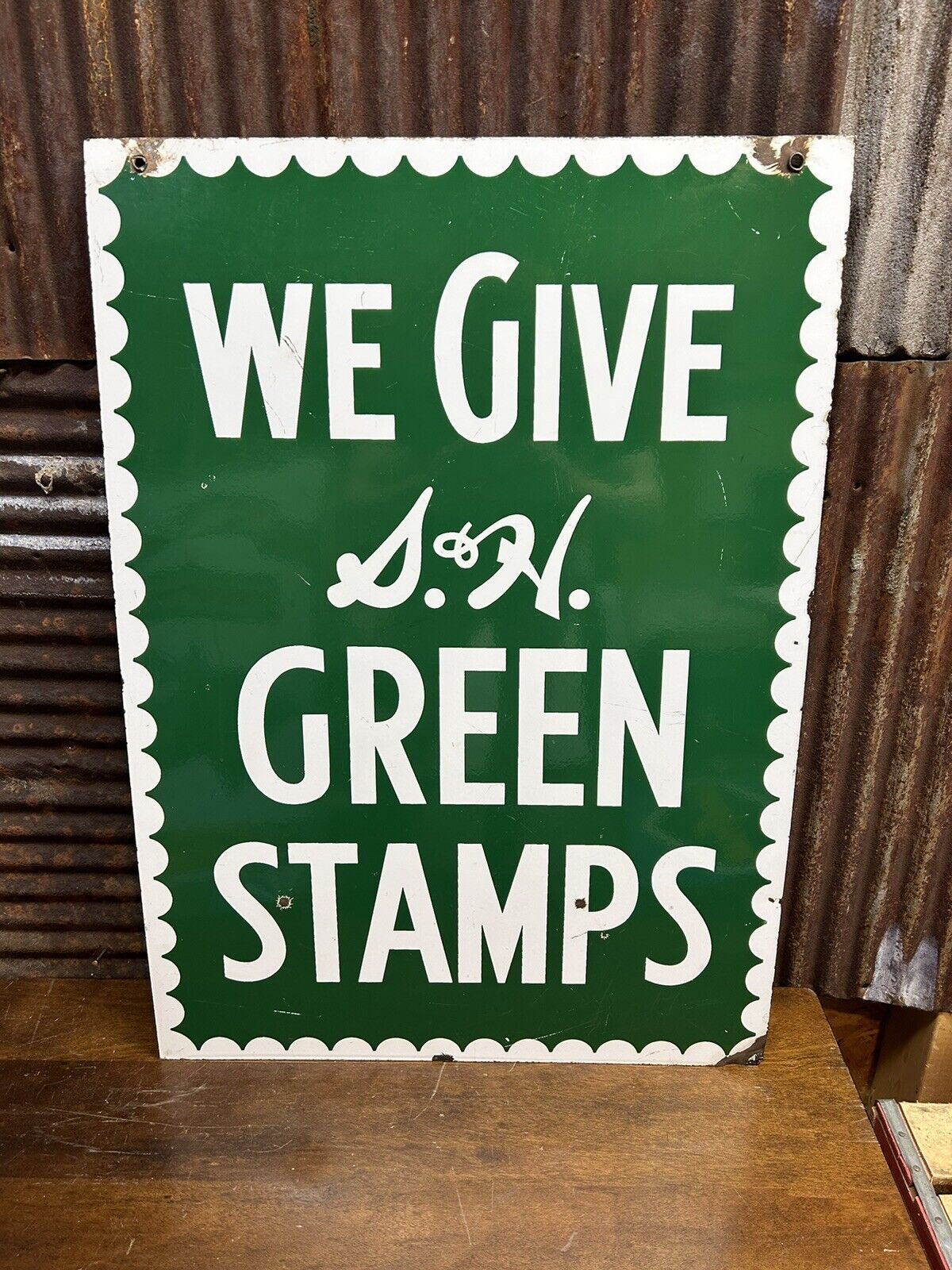 ANTIQUE DOUBLE PORCELAIN SIDED S&H GREEN STAMPS FOOD GROCERY STORE ART SIGN