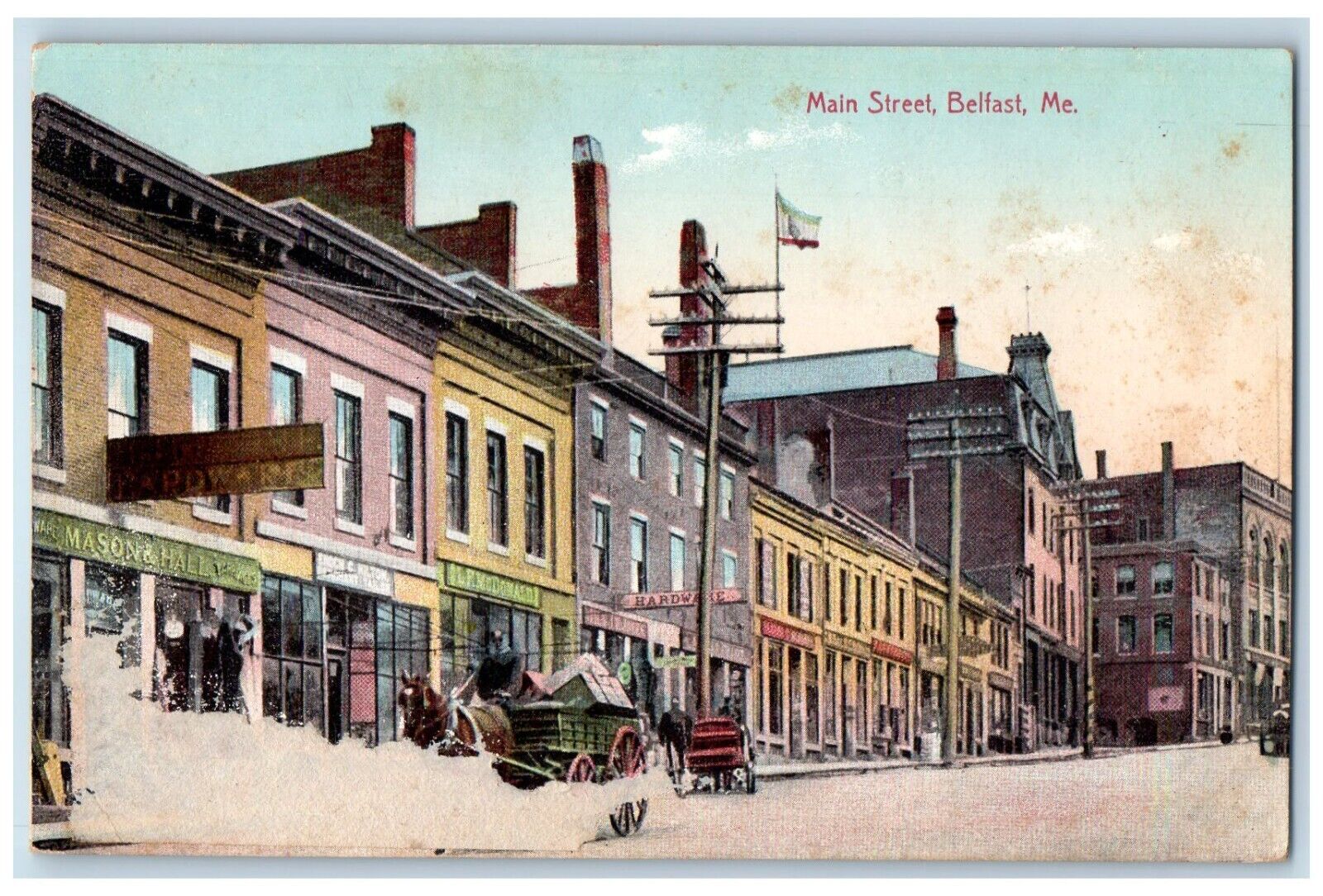 c1910's Main Street Hardware Stores Horse And Wagon Belfast Maine ME Postcard