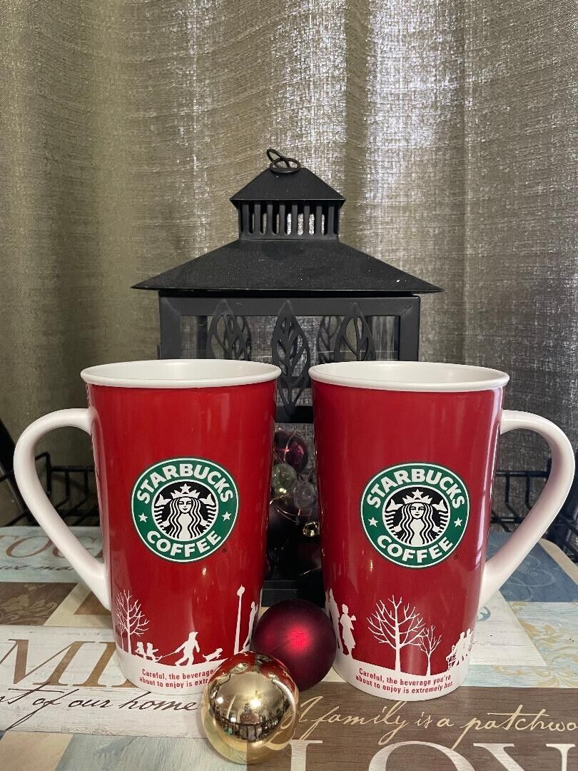 Starbucks Holiday 2006 Red White Christmas Ceramic Mug/Cup Set of 2-- 16 oz