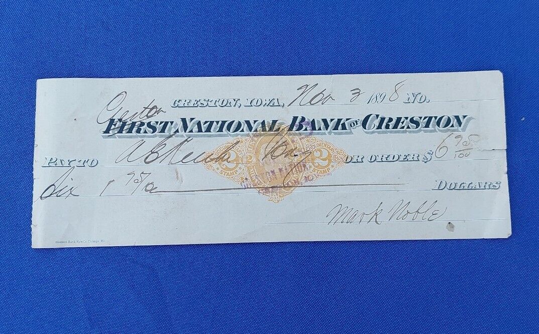 1898 First National Bank of Creston Iowa Signed Check 