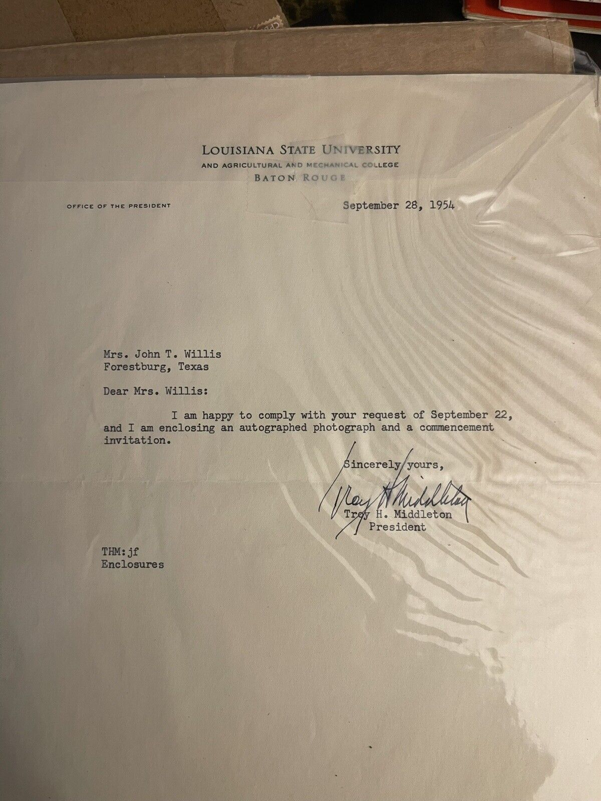 WWII Battle Of The Bulge Gen/LSU President Troy Middleton Letter Signature