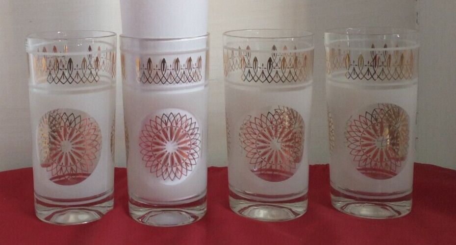 HTF Fascination by SCIO MCM Gold Atomic Starburst 4 Frosted Highball Glasses