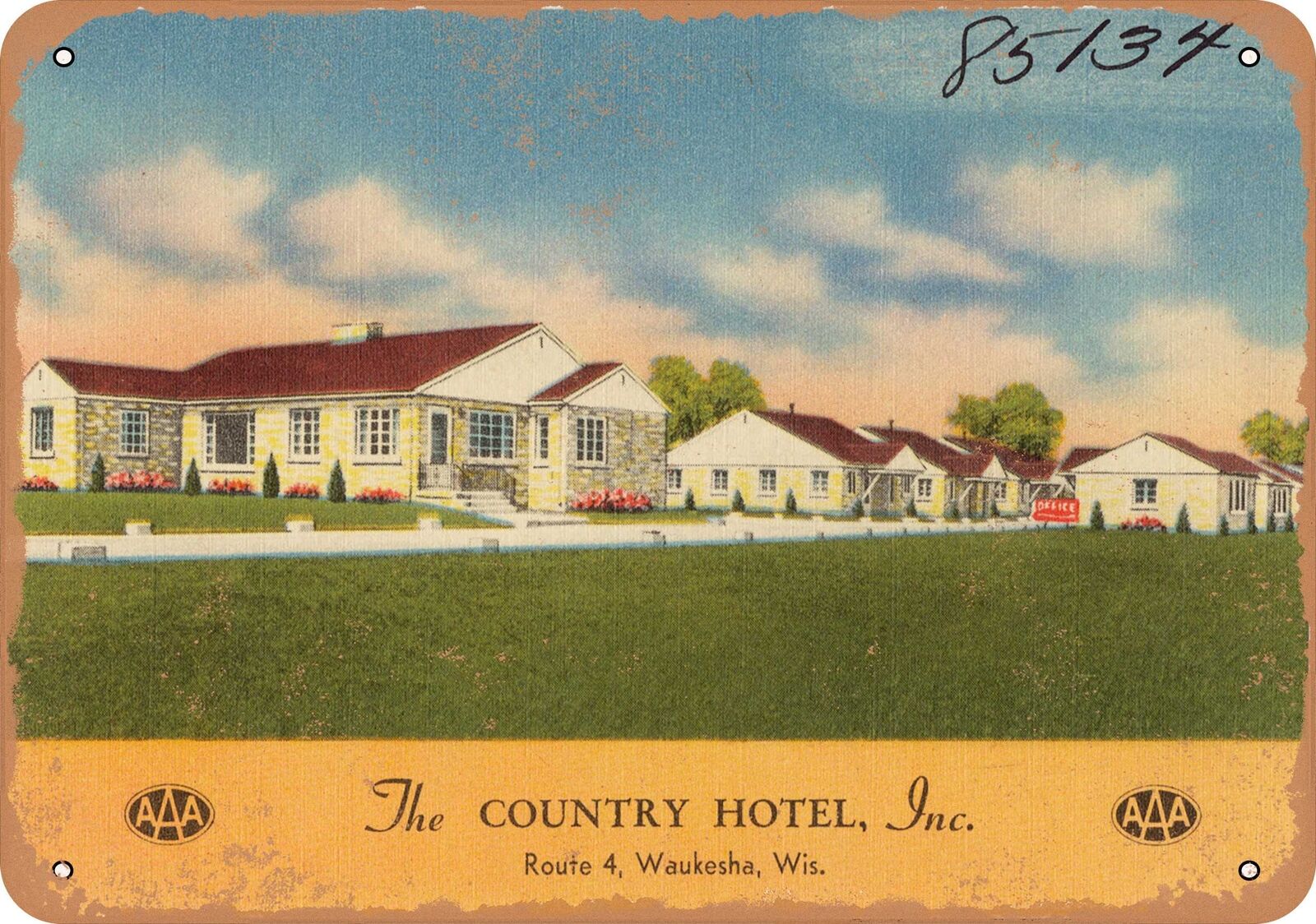 Metal Sign - Wisconsin Postcard - The Country Hotel Inc., Route 4, Waukesha, Wi