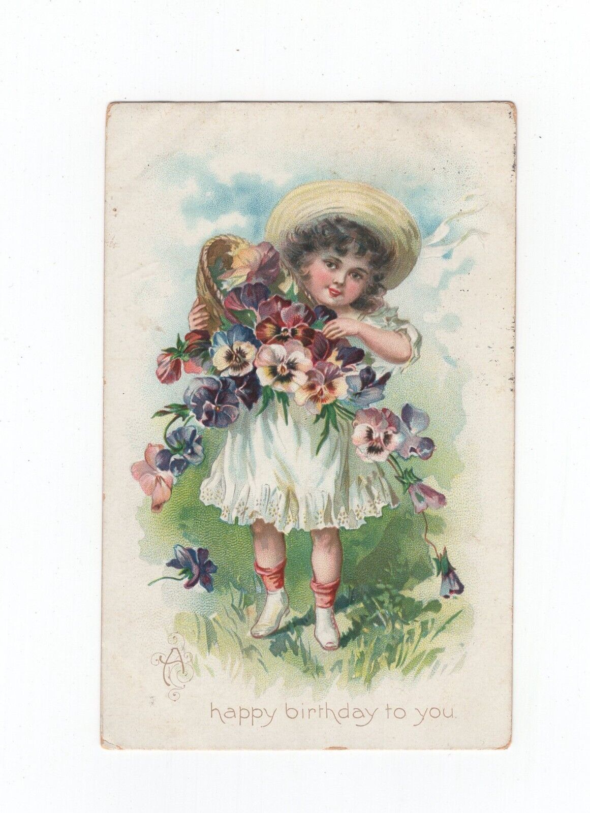 Tuck's Post Card  Young Girl with Basket of Flowers   Happy birthday to you