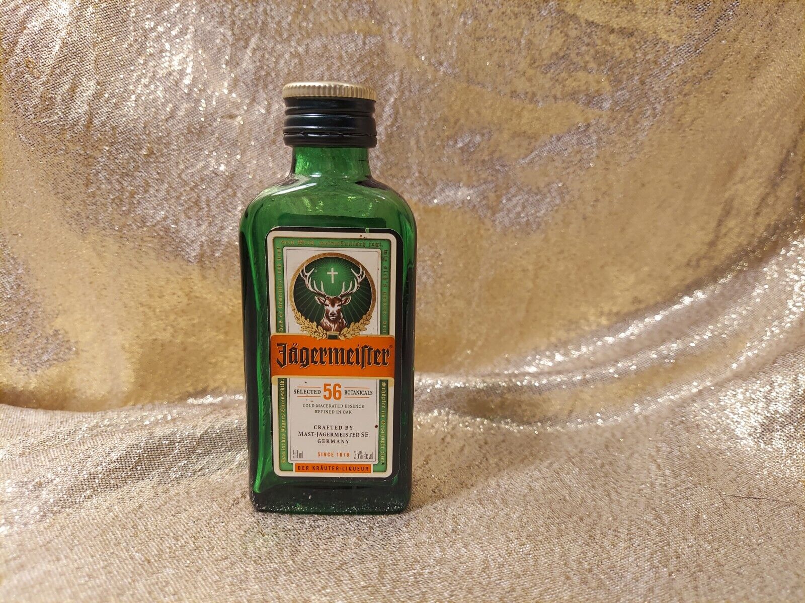 Vintage JAGERMEISTER 50ml Bottle Paper Label With Embossed Sides, Green Glass