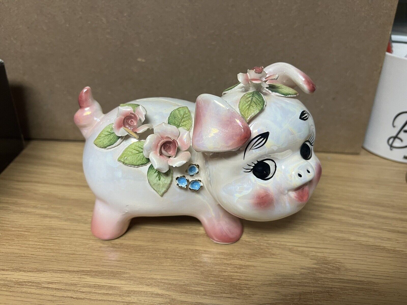 Vintage Floral Iridescent Hand Painted Pink Piggy Bank Porcelain Flowers READ