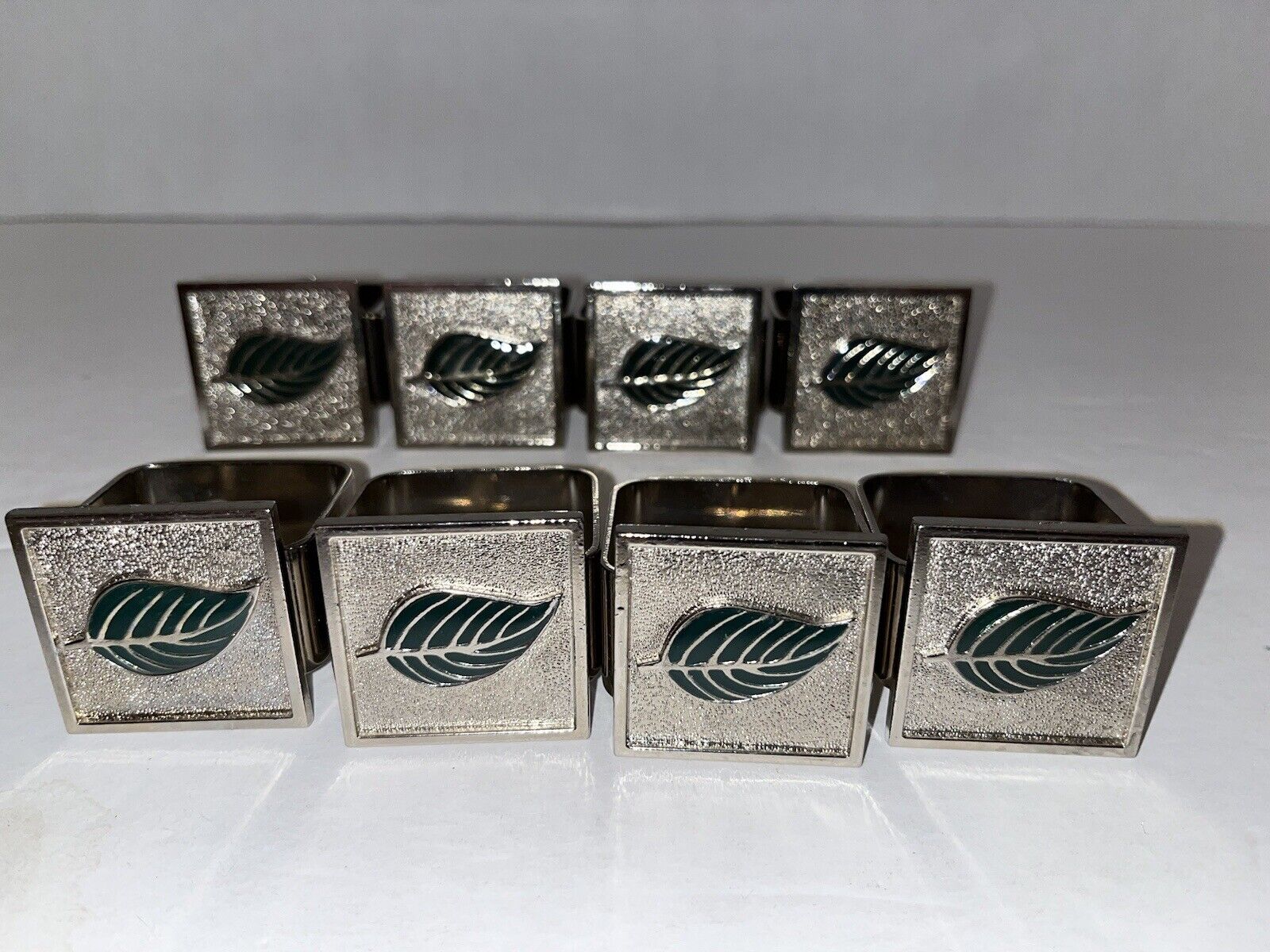 Heavy Cast Metal Leaf Napkin Rings Lot of 8 Square Green Enamel Silver Tone