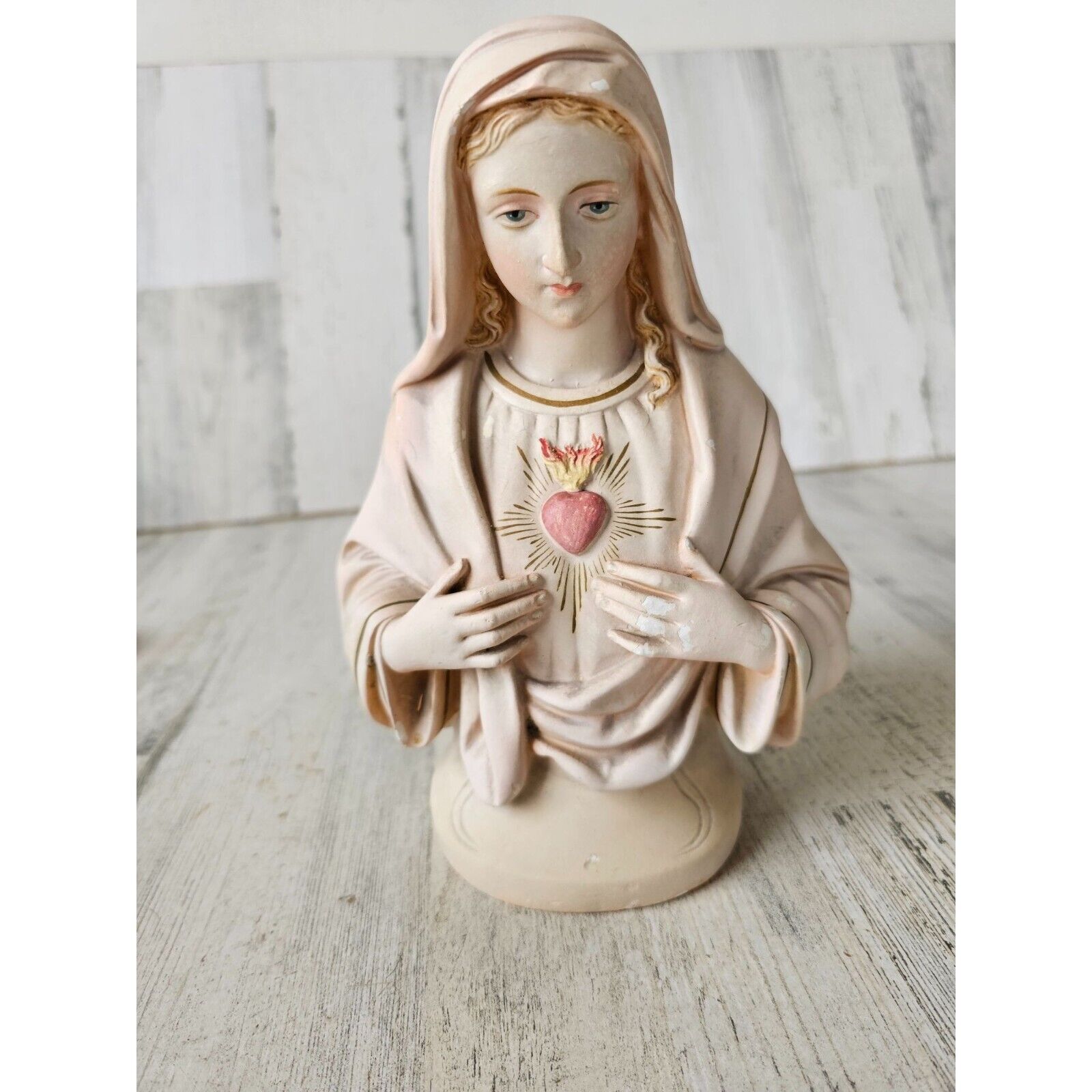 S.h. vintage Virgin Mary chalkware heart bust religious statue figurine