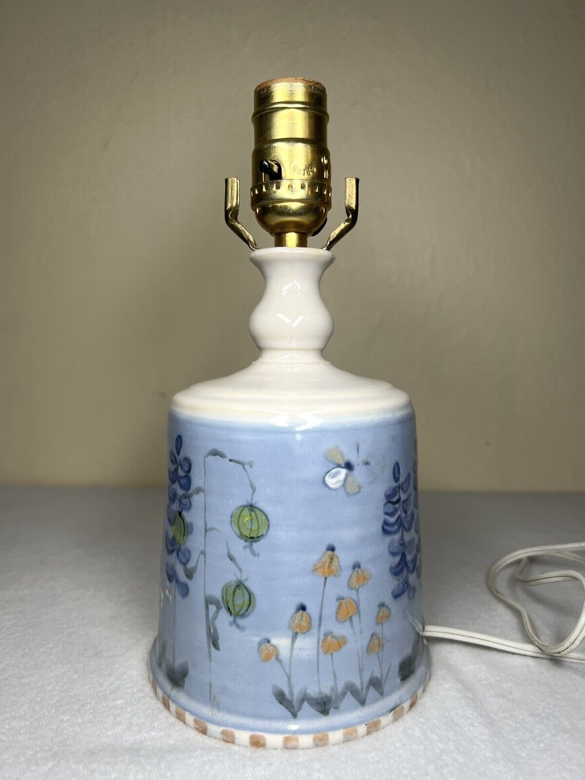 Vintage Stoneware Lamp Hand Painted Painted Blue Nature Scene No Shade/Top