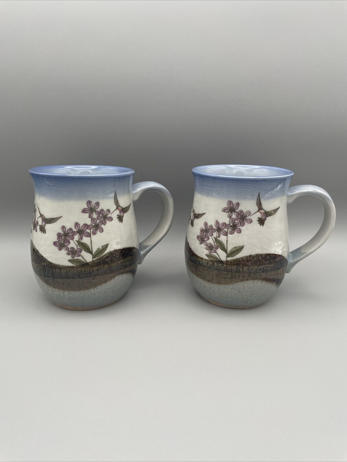 3 Vintage Japanese Otagiri Hummingbird Handmade Pottery Mugs