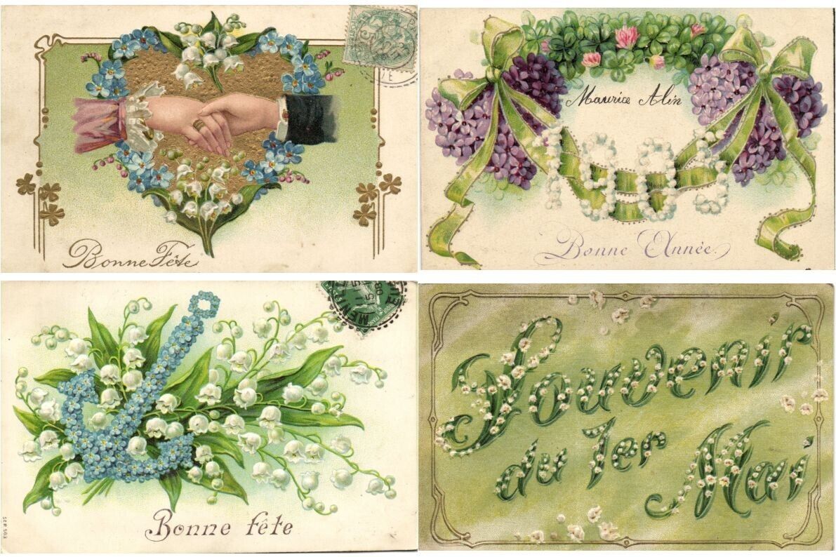LILY FLOWERS MAY 1 GREETINGS INCL. EMBOSSED, 140 Vintage Postcards (L7180)