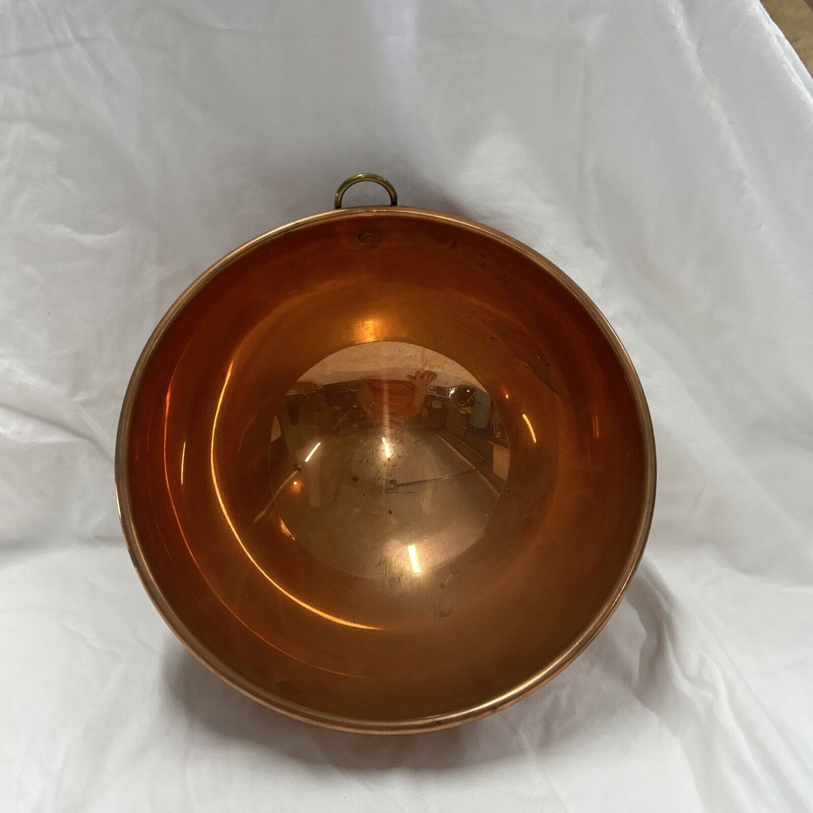 Vintage  Copper 10” Mixing Bowl Rolled Rim Brass Ring Made In England