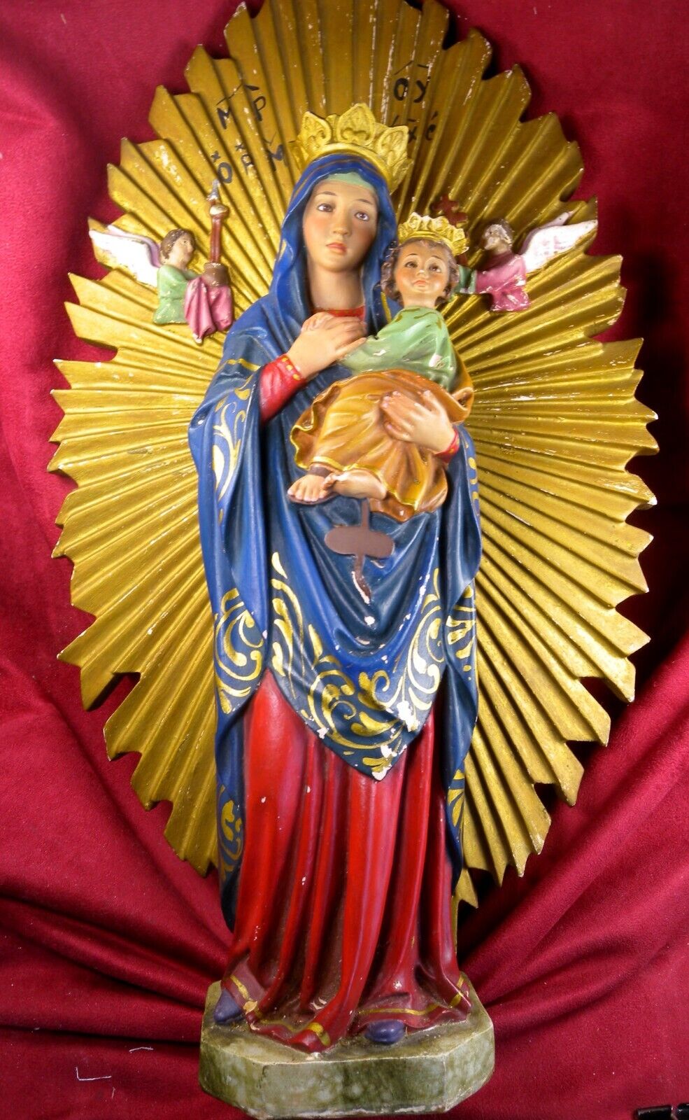 Antique Our Lady of Perpetual Help Jesus Angels Altar Chalkware & Wood Statue