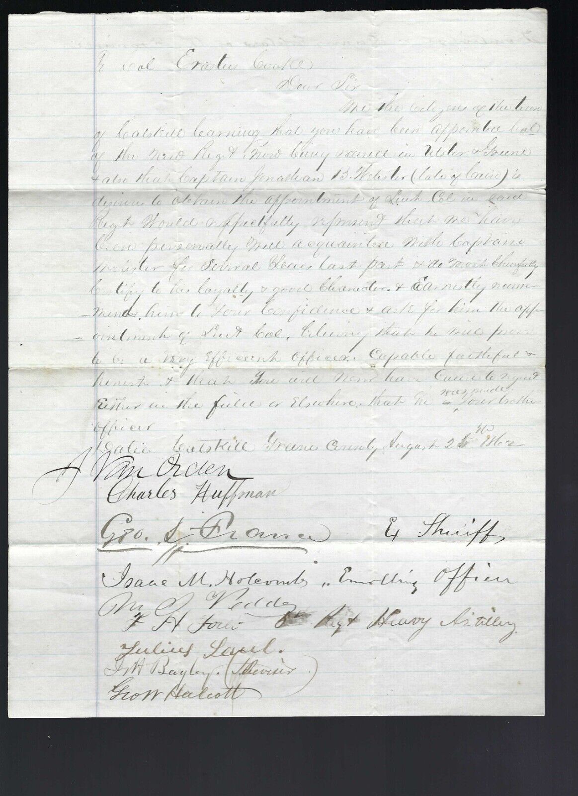Cicil War document dated 1862 requesting an appointment of a Captain to Lt. Col.