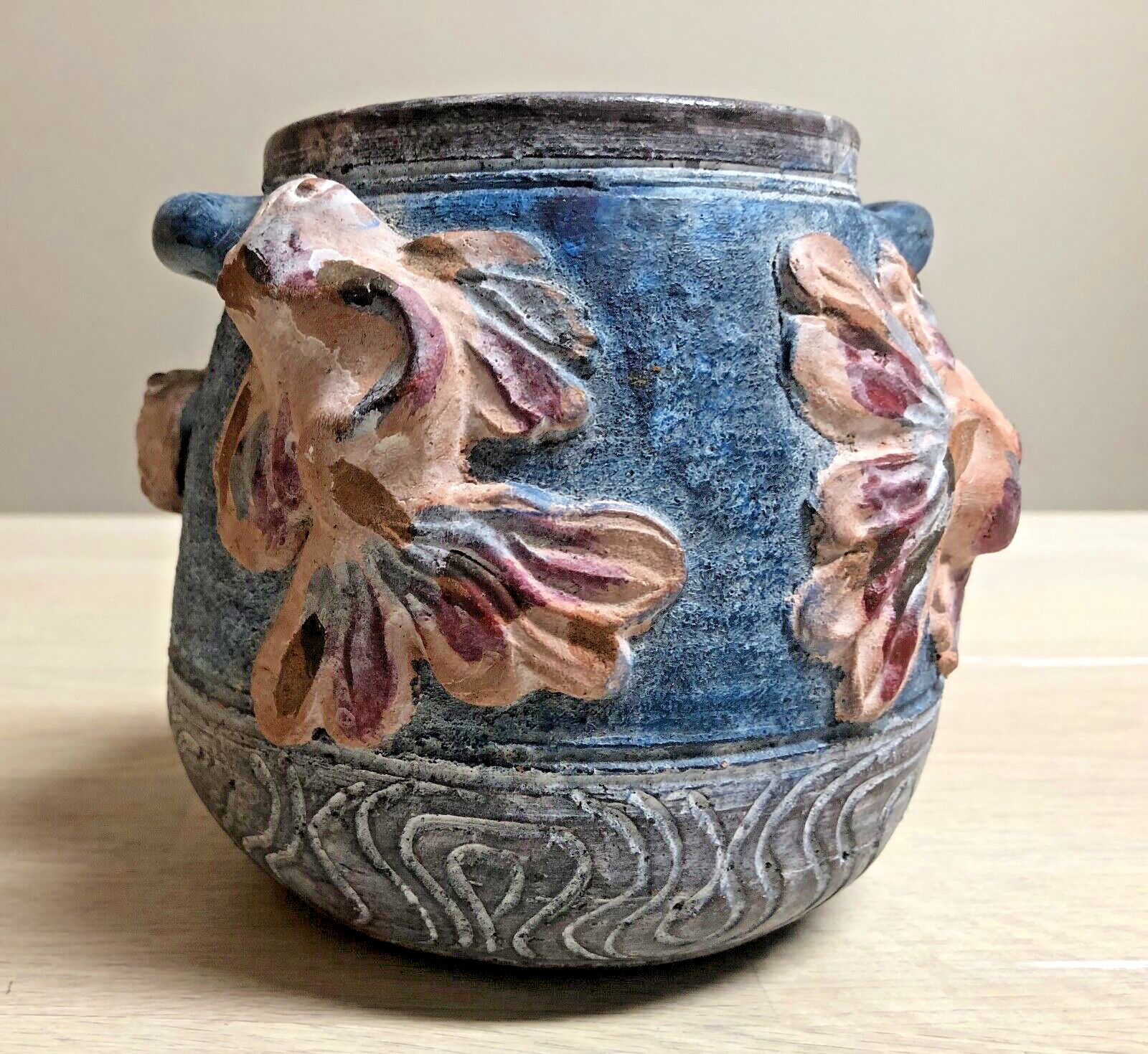Vintage Art Studio Pottery Vase Planter Stonewashed Blue With 3D Koi Fish