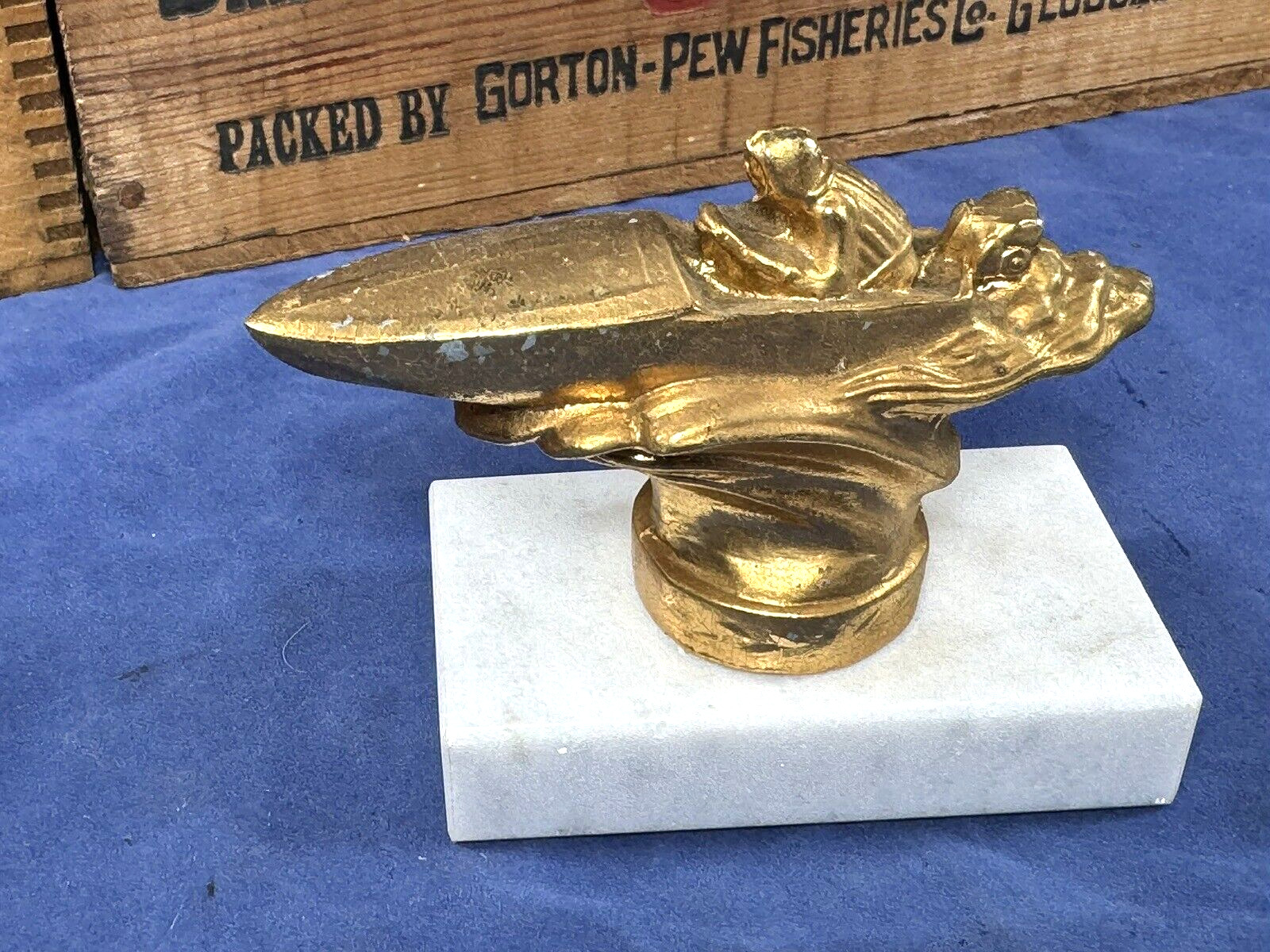 C.1960 SPEEDBOAT Trophy Topper w/ Marble Base, Cast Metal, Father\'s Day Gift