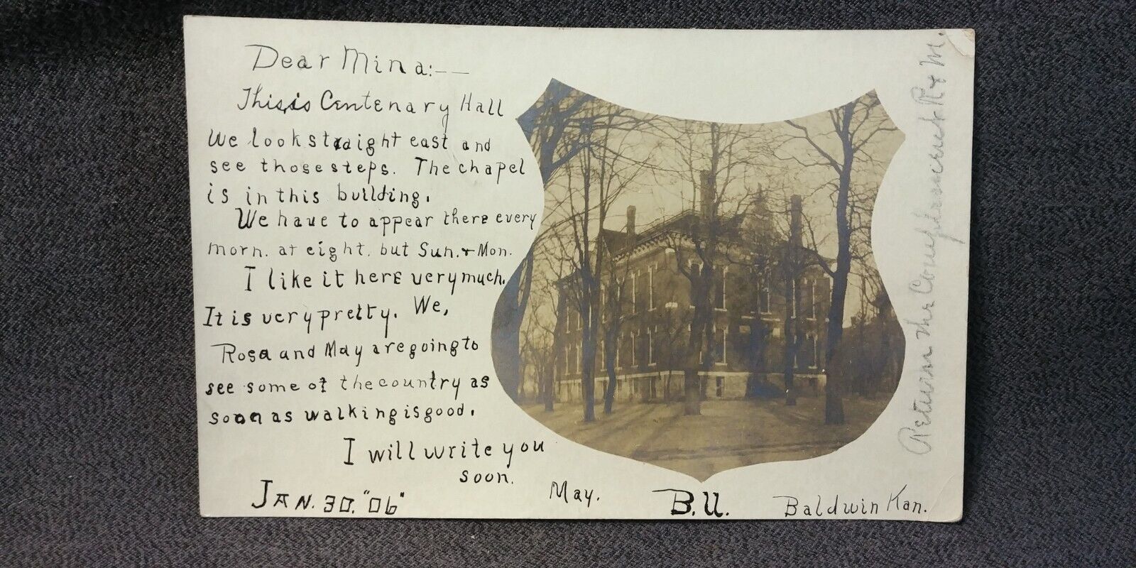 1906 Baldwin Kansas Centenary Hall Baker University RPPC Real Photo Postcard S47