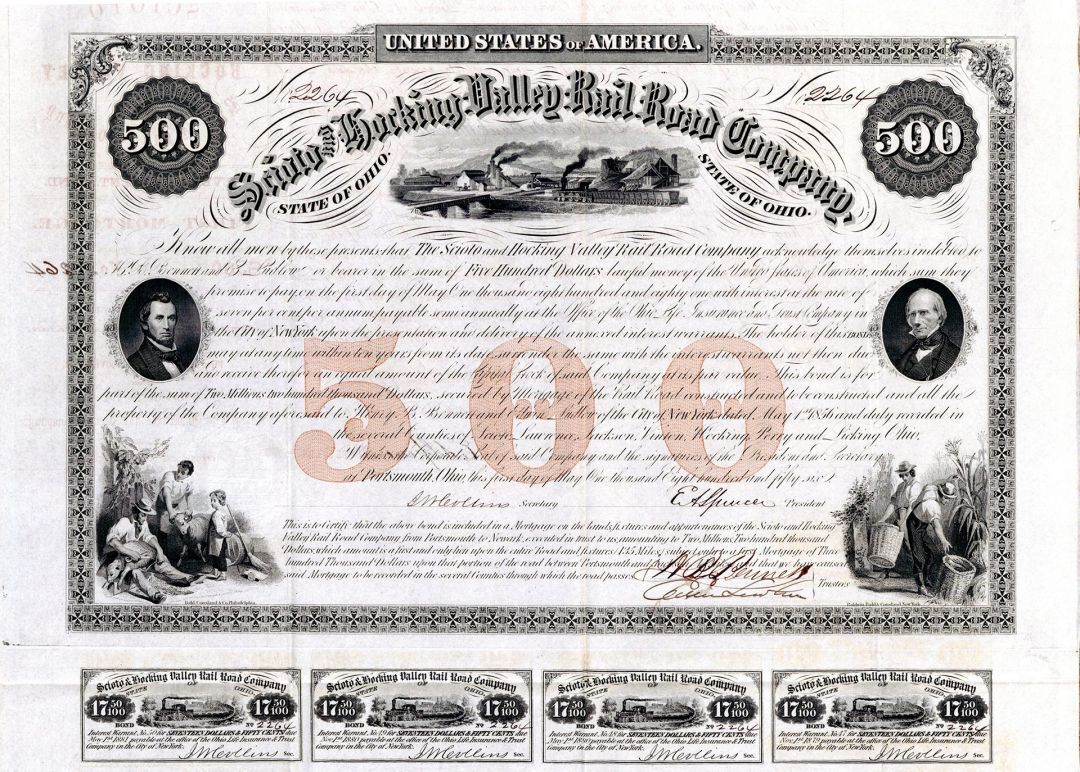 Scioto and Hocking Valley Railroad - $500 Bond (Uncanceled) - Railroad Bonds