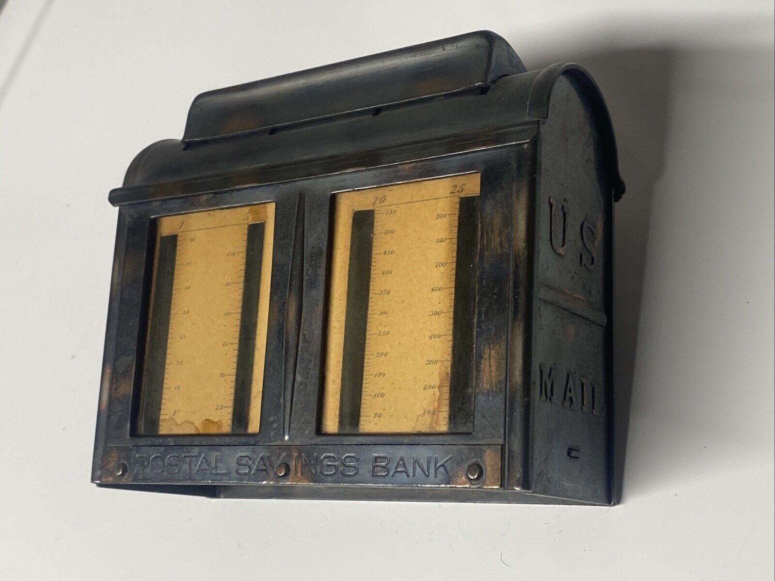 Antique Postal Savings Bank US Mailbox 4 Slot Coin Metal Glass 1902
