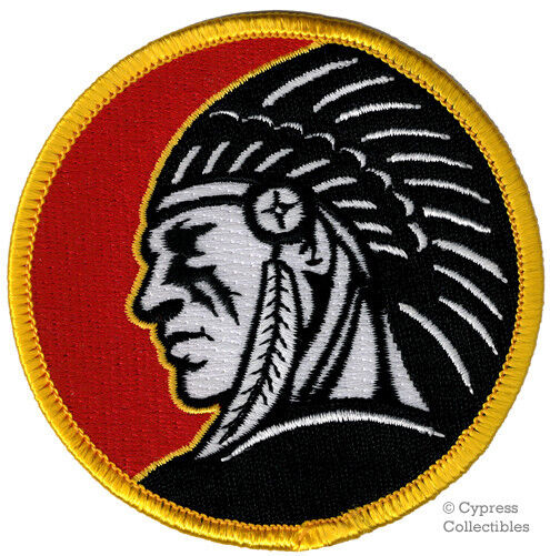 INDIAN CHIEF HEADDRESS EMBLEM PATCH IRON-ON EMBROIDERED RED ROUND LOGO
