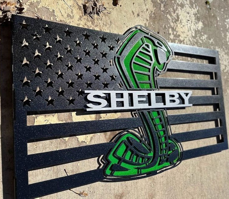 Shelby GT500 Super Snake 3D Steel Usa Flag 45x26” POWDER COATED Black Metallic