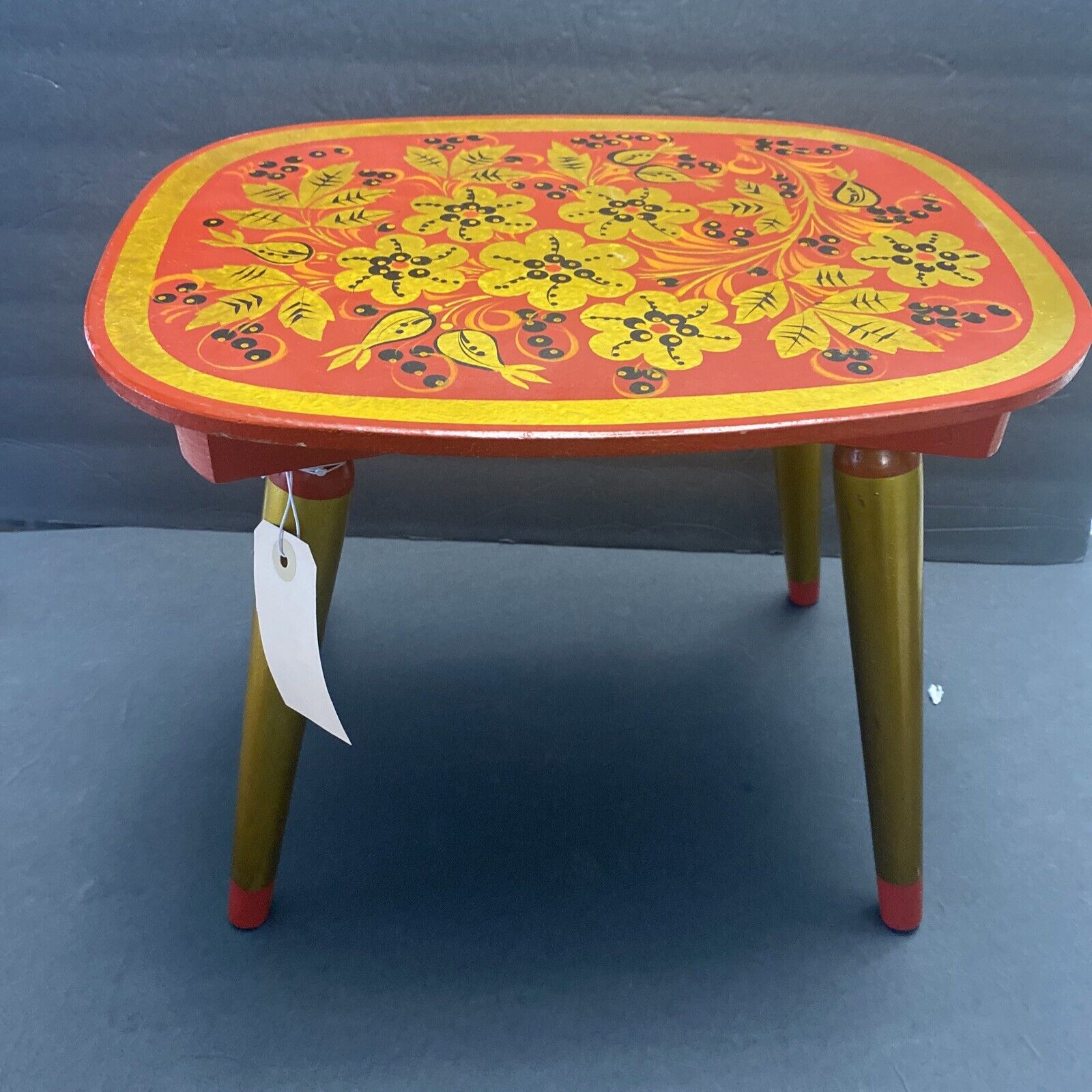 Rare Vintage Khokhloma Russian Hand Painted Folk Art Wooden Lacquer Stool/table